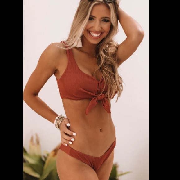 BROWN Ribbed Tie Front Bikini Set | S - Picture 1 of 12